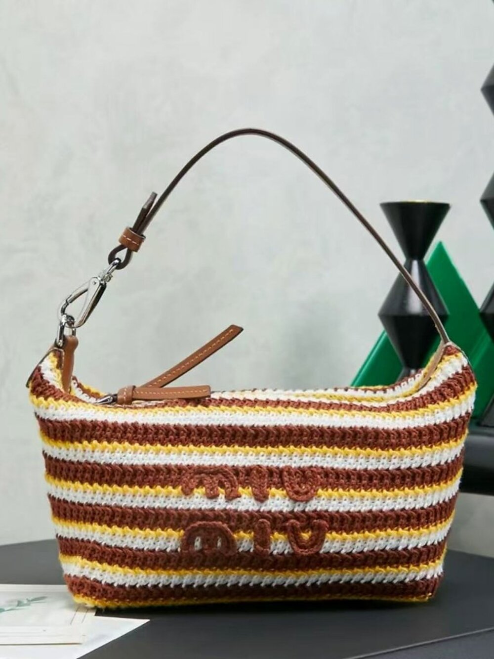 Miu Miu Retro Brown Yellow Striped Crochet Mini Underarm Shoulder Bag